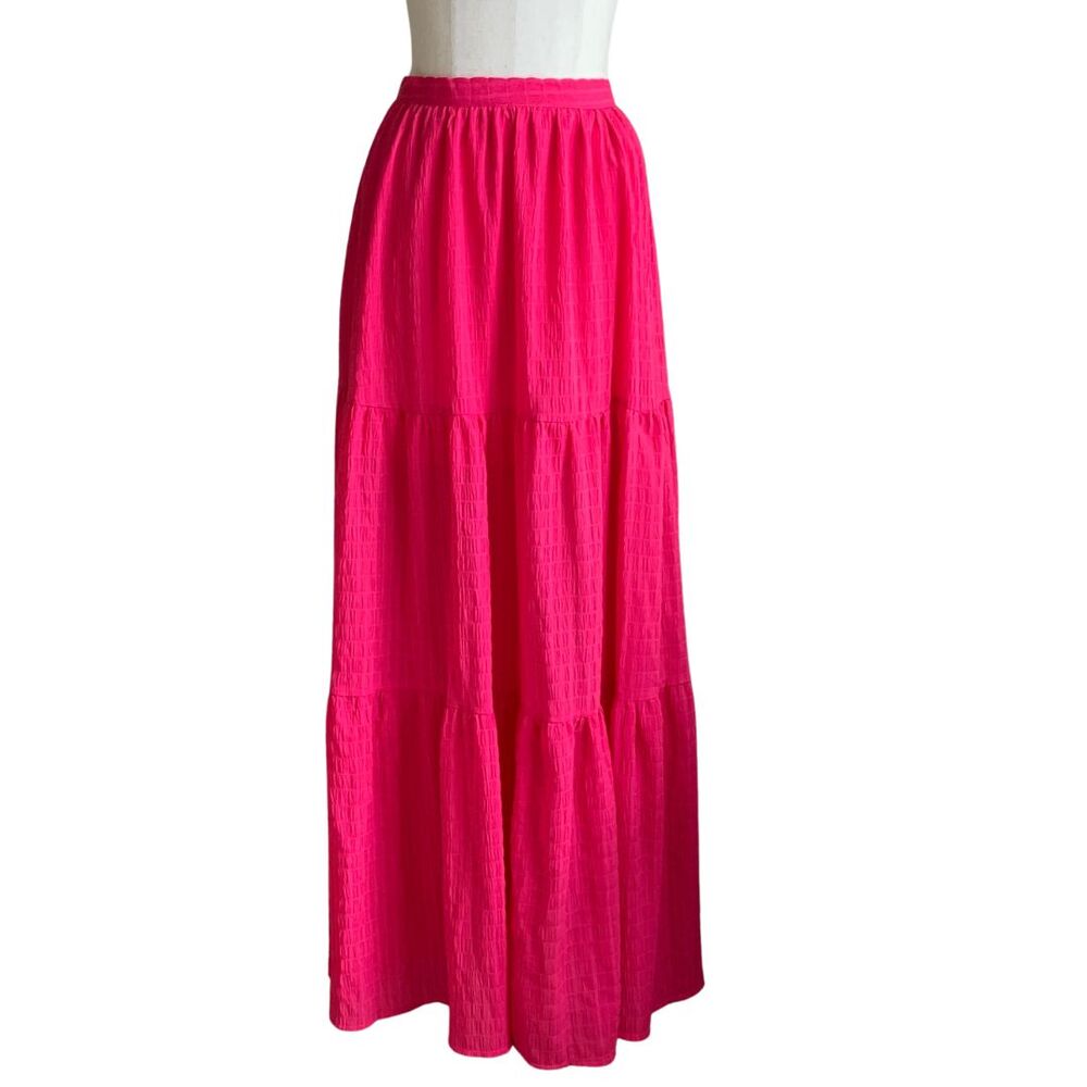 Pink Lily Hot Pink Maxi Tiered Skirt Side Slit Zip Waist Size S